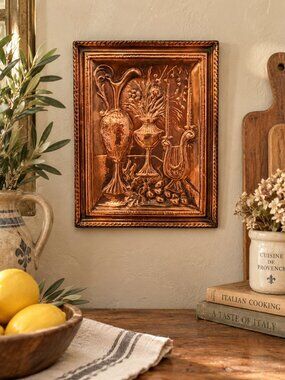 Vintage Made in Italy Copper Relief Wall Plaque Still Life Lyre Vases 9” x 11.7